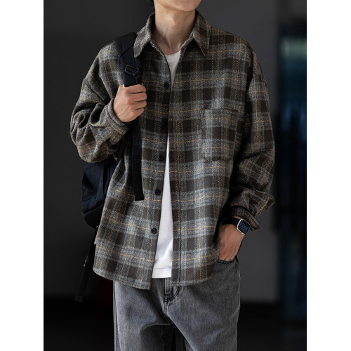 春秋復古磨毛加厚格子襯衫男工裝長袖潮牌寬鬆毛呢襯衣休閒外套潮