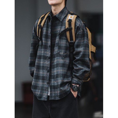 春秋復古磨毛加厚格子襯衫男工裝長袖潮牌寬鬆毛呢襯衣休閒外套潮