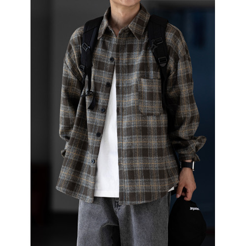 春秋復古磨毛加厚格子襯衫男工裝長袖潮牌寬鬆毛呢襯衣休閒外套潮