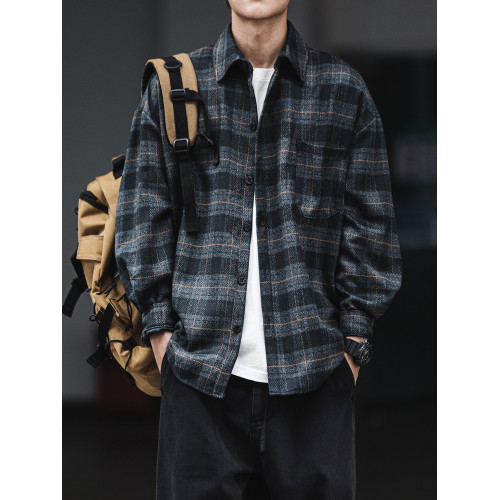 春秋復古磨毛加厚格子襯衫男工裝長袖潮牌寬鬆毛呢襯衣休閒外套潮