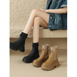 厚底短靴女2026年秋冬季新款英倫風毛線口松糕底靴子小個子彈力靴