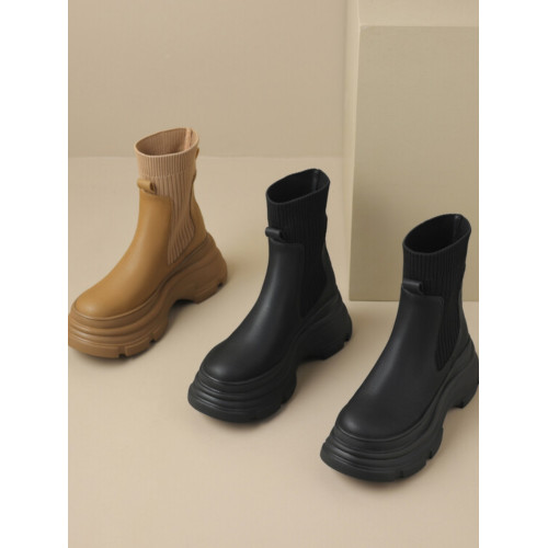 厚底短靴女2026年秋冬季新款英倫風毛線口松糕底靴子小個子彈力靴 厚底短靴女2026年秋冬季新款英倫風毛線口松糕底靴子小個子彈力靴