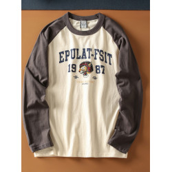 秋季新款 純棉水洗磨毛撞色插肩袖男士圓領休閒百搭長袖T恤衫打底