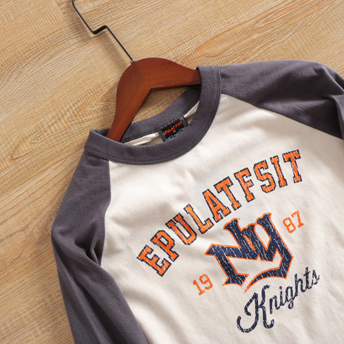 全棉磨毛美式復古字母印花秋季新品男士圓領打底長袖T恤潮體恤衫