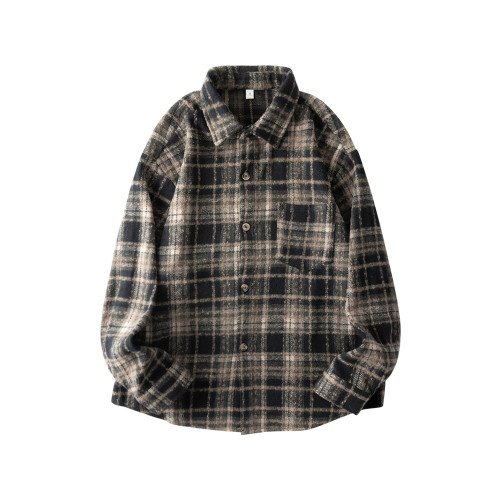 氣質有型！重磅磨毛繙領格子襯衫秋季寬鬆休閒長袖襯衣男羽絨馬甲