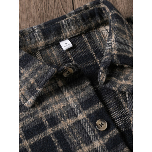 氣質有型！重磅磨毛繙領格子襯衫秋季寬鬆休閒長袖襯衣男羽絨馬甲