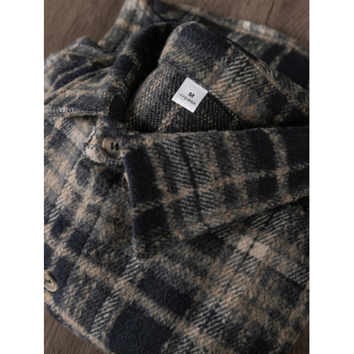 氣質有型！重磅磨毛繙領格子襯衫秋季寬鬆休閒長袖襯衣男羽絨馬甲