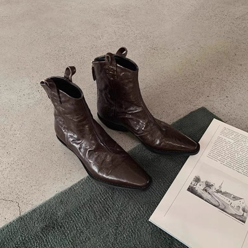 牛皮版~時髦尖頭V口顯瘦粗跟皺感西部短靴女真皮馬丁靴單靴小踝靴 牛皮版~時髦尖頭V口顯瘦粗跟皺感西部短靴女真皮馬丁靴單靴小踝靴