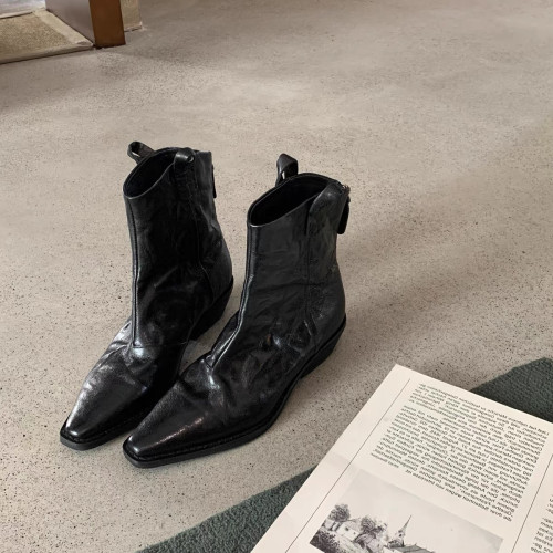 牛皮版~時髦尖頭V口顯瘦粗跟皺感西部短靴女真皮馬丁靴單靴小踝靴 牛皮版~時髦尖頭V口顯瘦粗跟皺感西部短靴女真皮馬丁靴單靴小踝靴