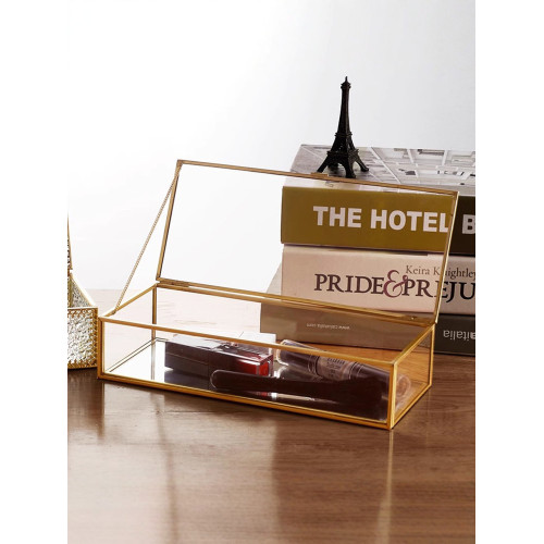 簡約復古金邊透明玻璃首飾盒歐式珠寶收納盒精緻防氧化擺件消磁盒