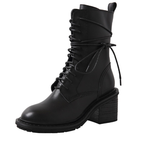 牛皮版~2026春秋新款ANN短靴女真皮顯瘦高跟馬丁靴中筒機車靴子潮