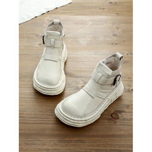 森女系復古文藝牛皮切爾西靴厚底保暖拉鍊大頭馬丁靴手工顯瘦短靴