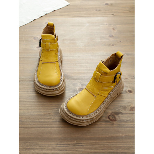 森女系復古文藝牛皮切爾西靴厚底保暖拉鍊大頭馬丁靴手工顯瘦短靴