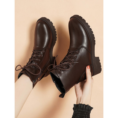 百麗菲比真皮馬丁靴女平底2025新款短靴棕色冬季加絨棉靴媽媽女靴