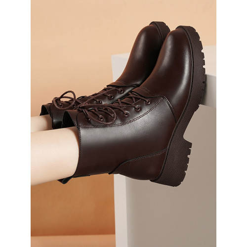 百麗菲比真皮馬丁靴女平底2025新款短靴棕色冬季加絨棉靴媽媽女靴