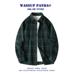 WASSUP PADNA春秋款長袖格子襯衫男潮牌復古潮流寬鬆休閒襯衣外套