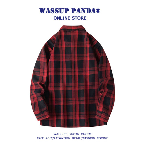WASSUP PADNA春秋款長袖格子襯衫男潮牌復古潮流寬鬆休閒襯衣外套