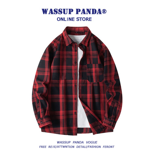 WASSUP PADNA春秋款長袖格子襯衫男潮牌復古潮流寬鬆休閒襯衣外套