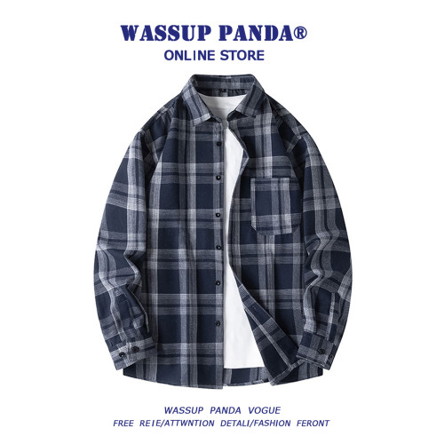 WASSUP PADNA春秋款長袖格子襯衫男潮牌復古潮流寬鬆休閒襯衣外套