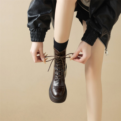 鎮店之寶！軟到爆！24SS秋冬羊皮圓頭系帶粗跟馬丁靴彈力高跟短靴