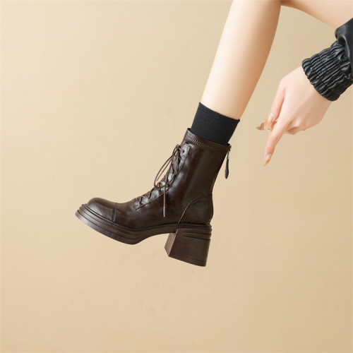 鎮店之寶！軟到爆！24SS秋冬羊皮圓頭系帶粗跟馬丁靴彈力高跟短靴