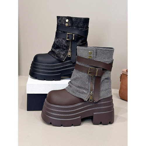 牛仔褲琯靴女厚底小個子英倫風馬丁靴新款秋冬復古堆堆加絨短靴女