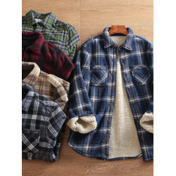 出口北美 冬季男士寬鬆加絨加厚防風保暖羊羔絨格子襯衫外套 大碼