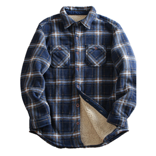 出口北美 冬季男士寬鬆加絨加厚防風保暖羊羔絨格子襯衫外套 大碼