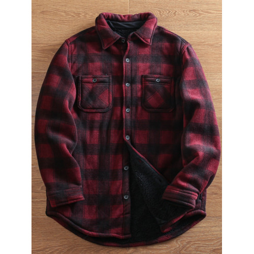 出口北美 冬季男士寬鬆加絨加厚防風保暖羊羔絨格子襯衫外套 大碼