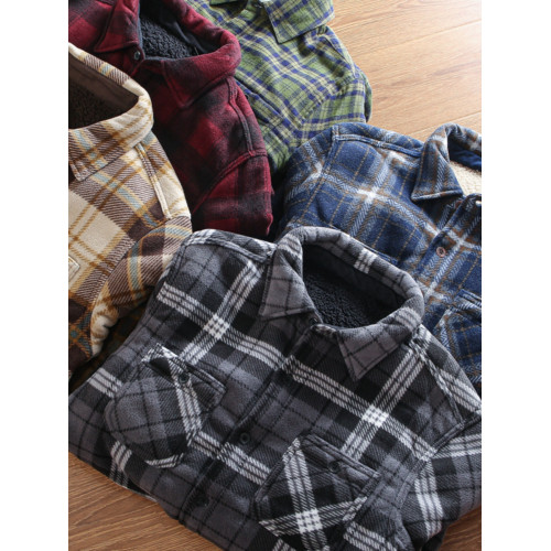 出口北美 冬季男士寬鬆加絨加厚防風保暖羊羔絨格子襯衫外套 大碼