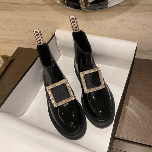 歐陽娜娜唐嫣同款厚底短靴2026秋冬水鑽方釦馬丁靴平底真皮切爾西