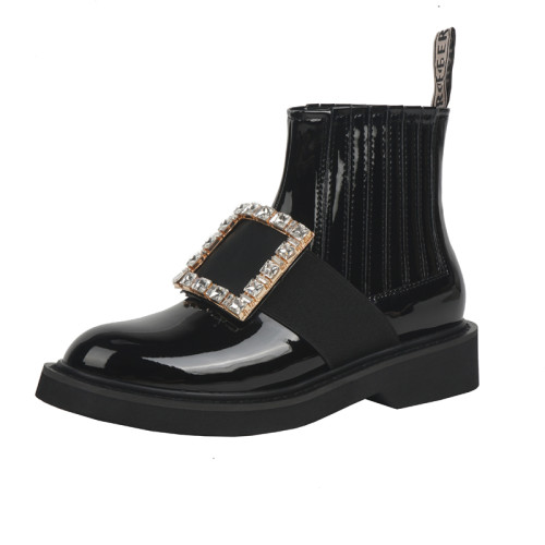 歐陽娜娜唐嫣同款厚底短靴2026秋冬水鑽方釦馬丁靴平底真皮切爾西