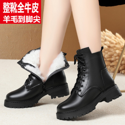 全牛皮馬丁靴女鞋冬季新款加絨加厚短靴真皮棉鞋羊毛女靴皮毛一體