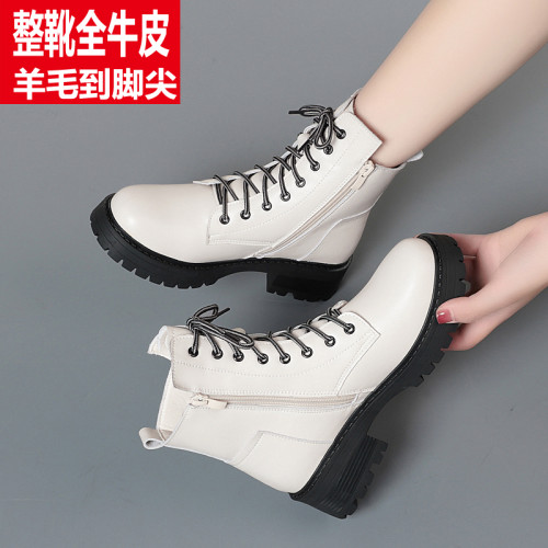 全牛皮馬丁靴女鞋冬季新款加絨加厚短靴真皮棉鞋羊毛女靴皮毛一體