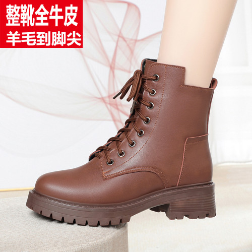 全牛皮馬丁靴女鞋冬季新款加絨加厚短靴真皮棉鞋羊毛女靴皮毛一體