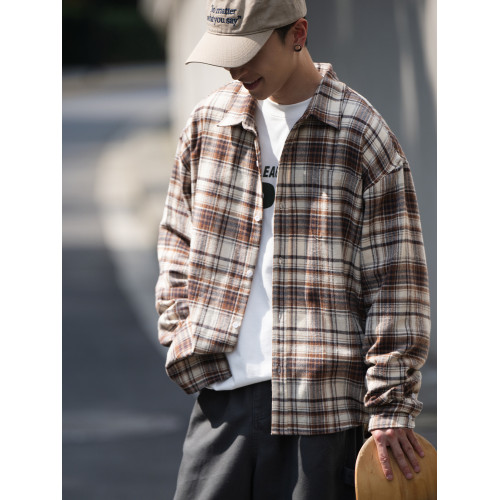 BELLKENIDEA 廓形純棉休閒寬鬆格子襯衫長袖男女外套復古潮流行 BELLKENIDEA 廓形純棉休閒寬鬆格子襯衫長袖男女外套復古潮流行