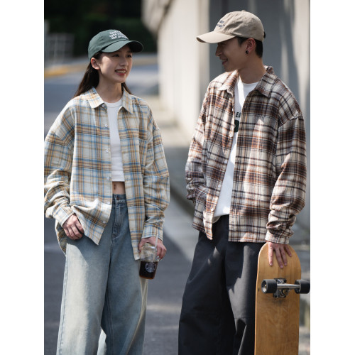 BELLKENIDEA 廓形純棉休閒寬鬆格子襯衫長袖男女外套復古潮流行 BELLKENIDEA 廓形純棉休閒寬鬆格子襯衫長袖男女外套復古潮流行