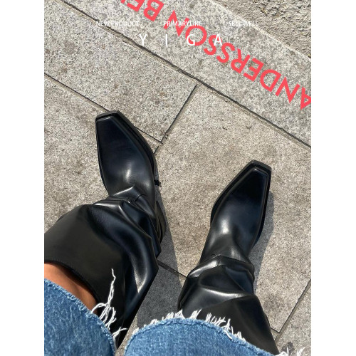 blcg巴黎方頭厚底長筒靴大筒圍男女同款堆堆靴顯瘦高筒翹頭馬丁靴