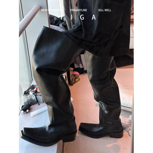 blcg巴黎方頭厚底長筒靴大筒圍男女同款堆堆靴顯瘦高筒翹頭馬丁靴