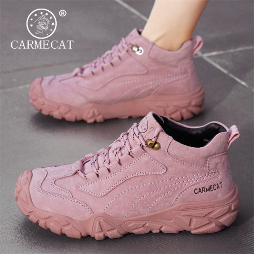 CARMECAT卡梅貓女鞋戶外登山鞋女運動徒步真皮加絨休閒短靴馬丁靴