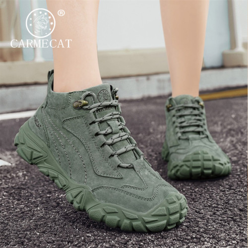 CARMECAT卡梅貓女鞋戶外登山鞋女運動徒步真皮加絨休閒短靴馬丁靴