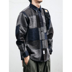 秋冬日系復古拼接格子襯衫男士潮流磨毛長袖休閒百搭毛呢寸衫外套