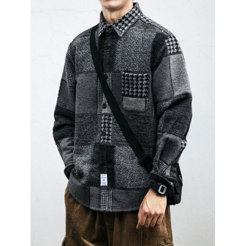 秋冬日系復古拼接格子襯衫男士潮流磨毛長袖休閒百搭毛呢寸衫外套 秋冬日系復古拼接格子襯衫男士潮流磨毛長袖休閒百搭毛呢寸衫外套