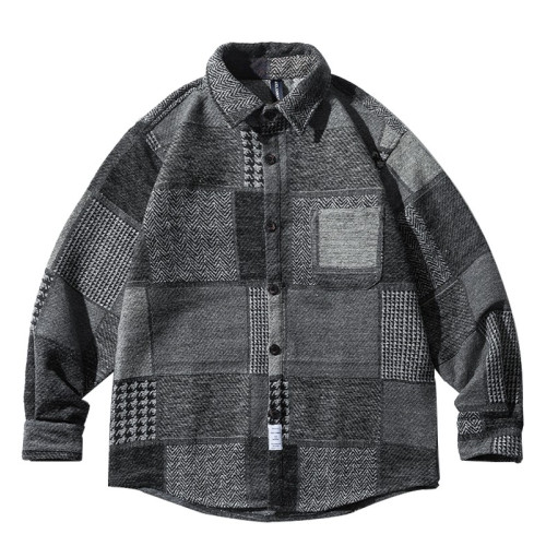 秋冬日系復古拼接格子襯衫男士潮流磨毛長袖休閒百搭毛呢寸衫外套 秋冬日系復古拼接格子襯衫男士潮流磨毛長袖休閒百搭毛呢寸衫外套