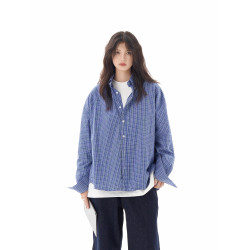 OLEOT美式復古藍色格子襯衫長袖男女高級感休閒寬鬆情侶襯衣外套