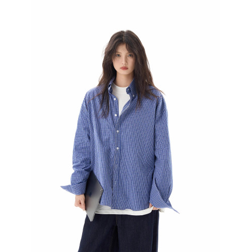 OLEOT美式復古藍色格子襯衫長袖男女高級感休閒寬鬆情侶襯衣外套 OLEOT美式復古藍色格子襯衫長袖男女高級感休閒寬鬆情侶襯衣外套