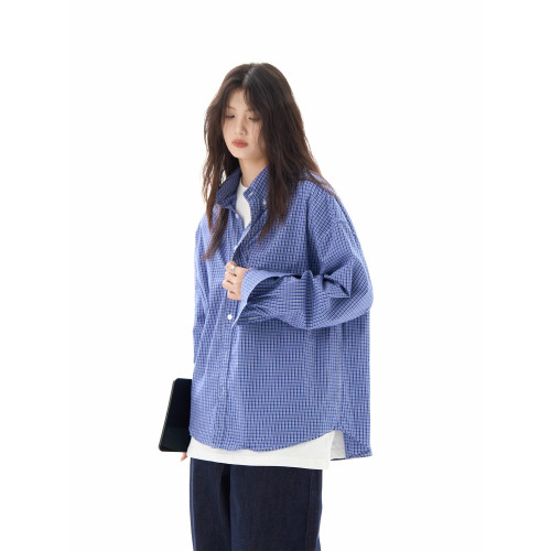 OLEOT美式復古藍色格子襯衫長袖男女高級感休閒寬鬆情侶襯衣外套 OLEOT美式復古藍色格子襯衫長袖男女高級感休閒寬鬆情侶襯衣外套