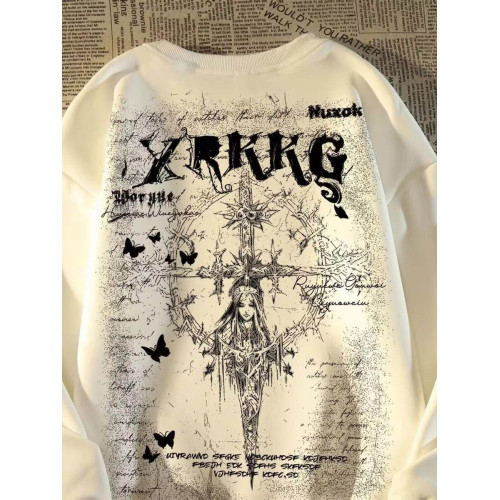 歐美潮牌十字架天使印花長袖T男春秋復古美式街頭hiphop暗黑上衣