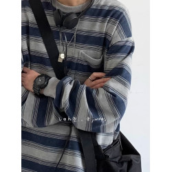 日系復古做舊長袖海魂衫男女生春秋情侶圓領打底衫條紋工裝衛衣潮