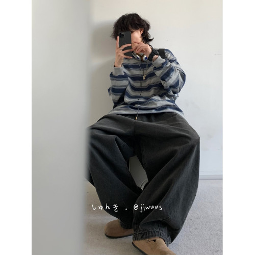 日系復古做舊長袖海魂衫男女生春秋情侶圓領打底衫條紋工裝衛衣潮